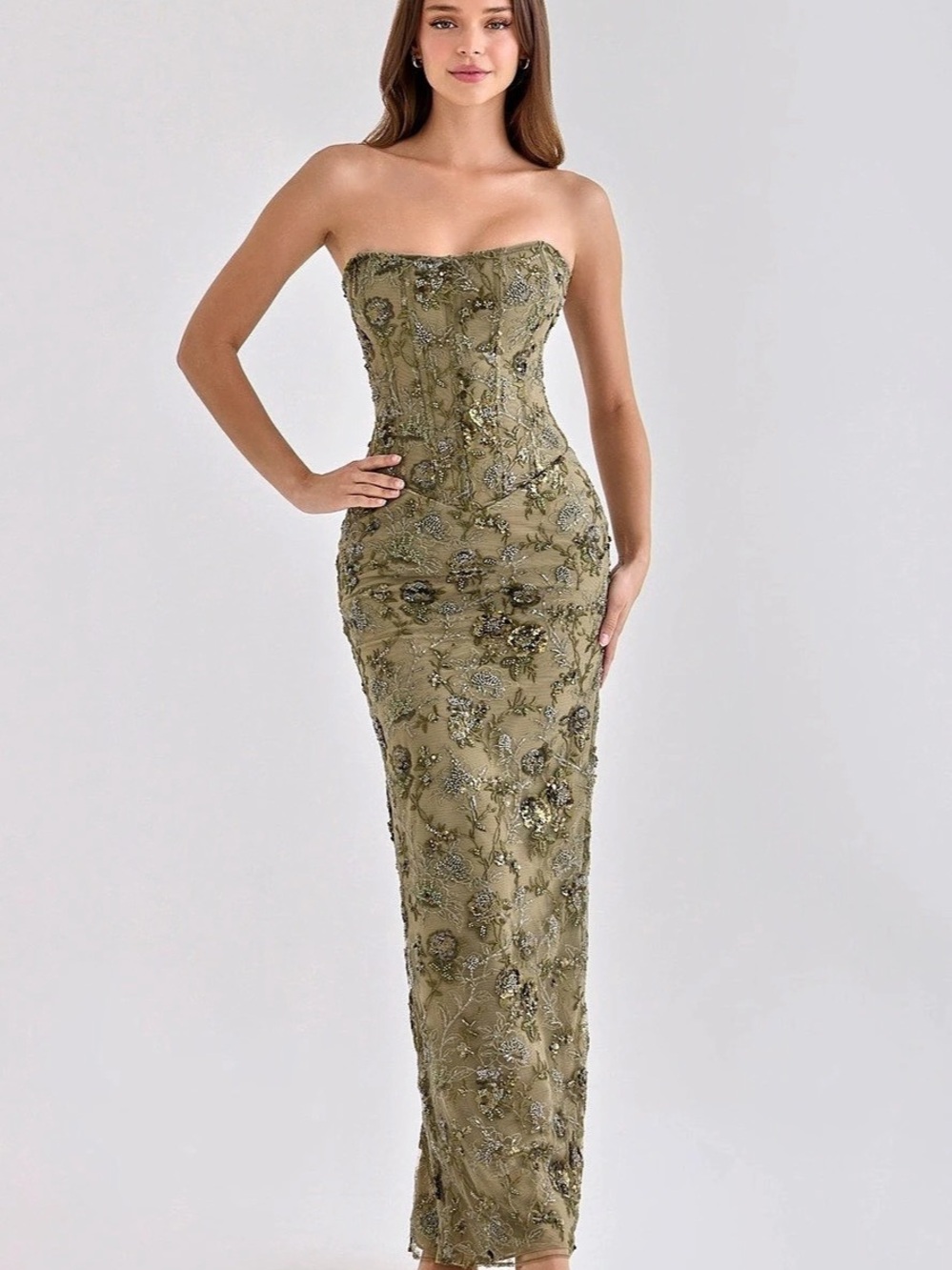 House of CB ANISA Olive Hand Beaded Embellished Strapless Maxi Dress